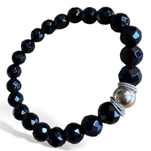 Polished Faceted 8mm Onyx Stretch Bracelet w/ 14k Gold Filled & Sterling Silver